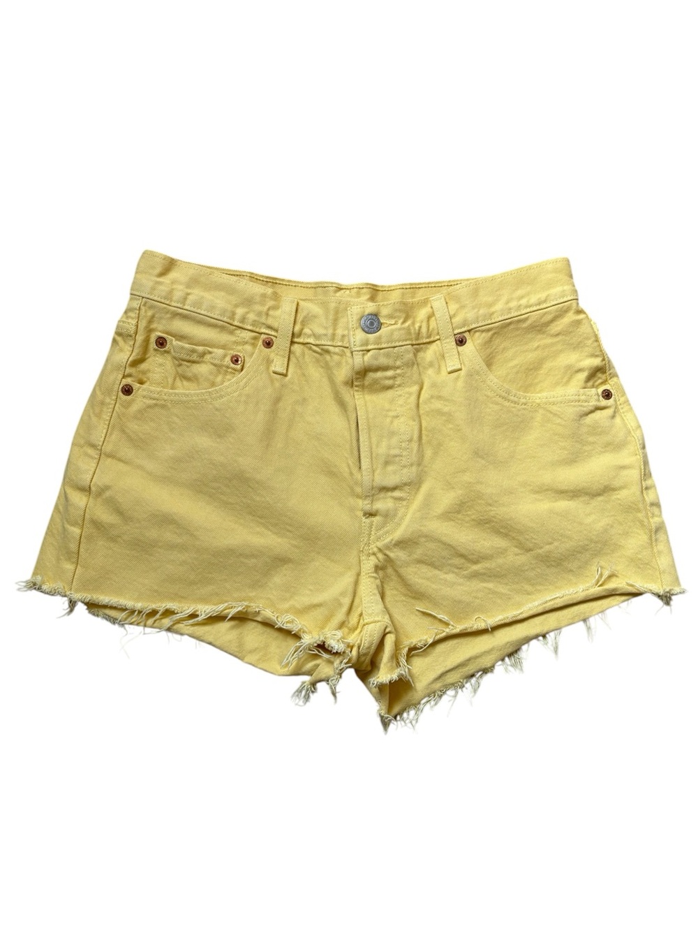 Women’s Levi 501 Yellow Button Fly Denim Cutoff Shorts Size 29